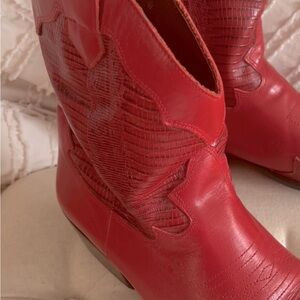 Beautiful red Brazilian leather pointy cowboy ankle boot.